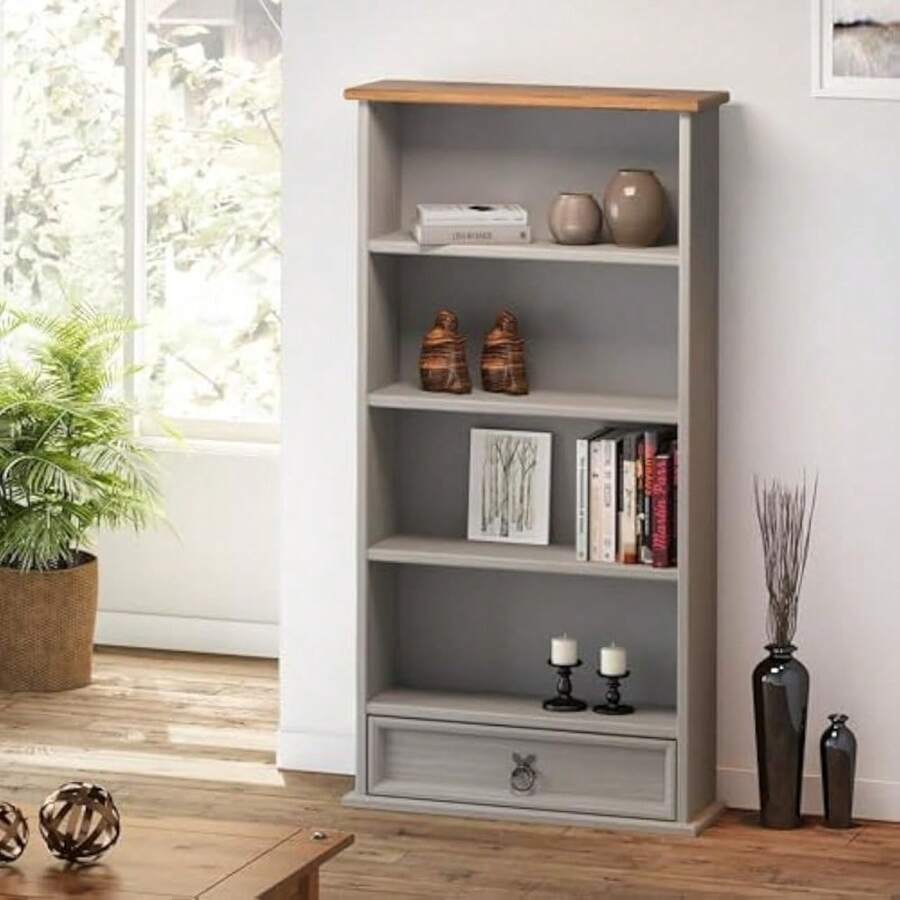 Upgrade Version Furniture Corona Grey Wax 1 Drawer DVD Rack Bookcase - 1 - View 1