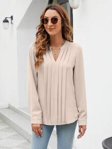 Elegante Damen Bluse in einfarbigem V-Ausschnitt mit gestreifter Vorderseite und Langarm, für Frühling/Sommer - Khaki - Übersicht 3