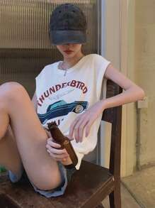 纯色字母印花圆领无袖上衣，宽松休闲女式T恤，春夏