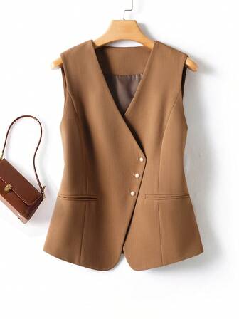 Women Solid Color Vest, V-Neck Jacket, Slim Fit Slimming, Spring & Autumn, Fashionable Commuter, Front Opening, Ladies Apparel