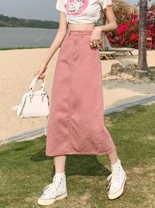 Women's Adjustable Waist Casual Vintage Washed Slit Midi Denim Skirt, Loose & Flattering