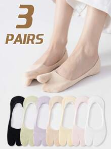 3 Pairs Women's Plain Solid Color Comfortable Antibacterial Moisture-Wicking Two-Toe Japanese Zori Style Low Vamp Hidden Heel Non-Slip Toe Socks, Suitable For All Seasons