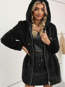 Risissida Damen Jacke mit Kapuze und Tunnelzug in der Taille, Fake-Pelz Warmer Mantel - ideal für lässigen Herbst/Winter Alltag - Schwarz - Übersicht 3