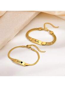 1pc Personalized Bracelet For Boy Girl, Couple Combination Bracelet, Stainless Steel Engraved Name Date Son Daughter Mom Baptism Gift Funny Secret Santa Gifts Back, Son, Daughter - Multicolor - View 5