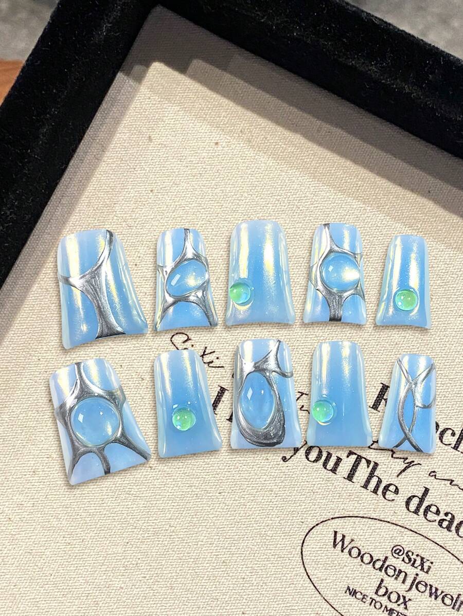 10pcs Fresh Style Blue Duckbill Artificial Nails Finger Easy Effortless Application To Nails For Hot Girl Dress Matching - Blue - View 1