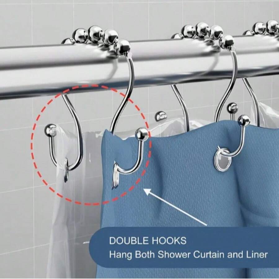 12pcs/Set Minimalist 304 Stainless Steel Double Hole Shower Curtain Hooks, Window Curtain Hooks, Bathroom Hooks Home Bathroom Decor Fall Decor Bathroom Accessories Back To School - Multicolor - View 1