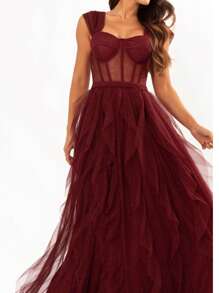 Vestido para casamentos e eventos com corselet e saia rodada. - Marsala - Visão 2