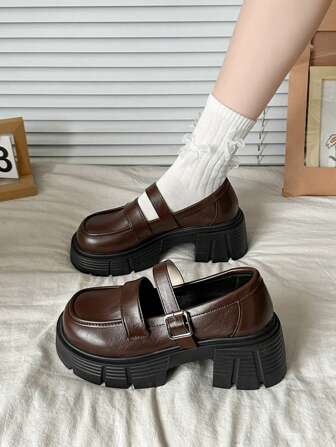 女士厚底纯色乐福鞋，时尚学院风系带平底鞋，舒适轻便，玛丽珍鞋