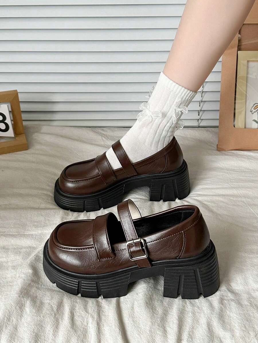 Mocasines de suela gruesa y color liso para mujer, estilo escolar con cordones, zapatos cómodos y ligeros