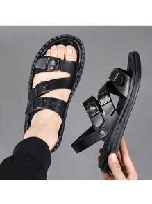 Men's Genuine Leather Sandals Slip-Resistant Waterproof Summer Driving Sports Increase Height Casual Beach Slippers - Black - View 5