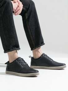 SHOESMALL Men's Leather Fashion Sneakers Classic Casual Black Shoes Retro Dress Sneakers For Men - AMY5122-黑色 - 查看 2