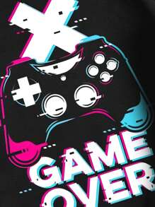 Sudadera con estampado gráfico "Game Over" para niños/adolescentes, sudadera con capucha casual oversize con forro polar, estilo streetwear de ajuste holgado, manga larga cómoda para otoño/invierno