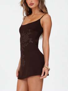 Women Spaghetti Strap Mini Dress Y2K Rhinestone Sleeveless Backless Dress For Vacation Beach Summer Streetwear - Brown - View 6