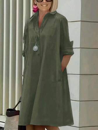 Women Solid Color Casual Long Sleeve Dress With Pockets
