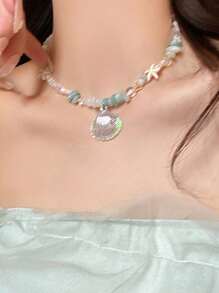 1pc Dopamine Necklace With Ocean Blue Seashell, Starfish, Pearl Beads, Random Beach Holiday Jewelry Gift For Women