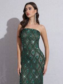 Modphy Women Sexy Luxurious Sparkling Rhinestone Sequin Mesh Fitted Tube Dress, Formal Gown For Wedding, Banquet, Party, Holiday, Wedding Guest Dress, Evening Dress