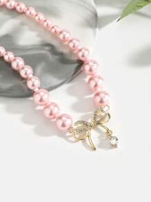 1pc Bohemian Style Alloy Bow Knot Crystal & Glass Pearl Decor Necklace, Classic & Versatile - Pink - View 2