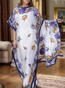 1pc Women Floral Printed Faux Silk Long Scarf With Hijab, Loose Plus Size Shawl For Homewear, Suitable For Summer & Autumn, Indoors And Air-Conditioned Rooms, Abaya Hijab, Modest Kaftan