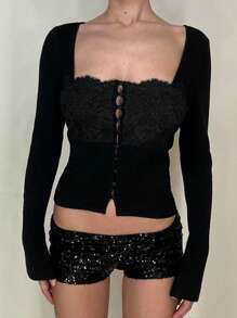 Modisches, elegantes Damenshirt mit quadratischem Ausschnitt und Knöpfen, Crop Langarm Top - Schwarz - Übersicht 2