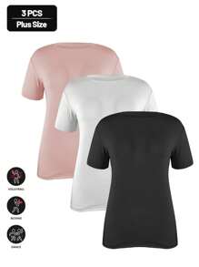 3pcs Women's Plus Size Ess Elegance Elastic Solid Color Short Sleeve Round Neck Breathable Fitted Sports T-Shirt - Multicolor - View 1