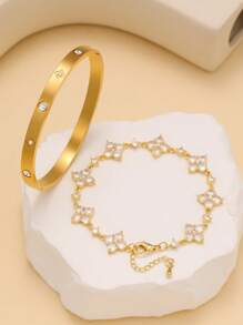 Elegant And Fashionable Luxury Stainless Steel Clover Zirconia Women's Bracelet Set, Suitable For Daily Stacking And As A Gift For Friends - Yellow Gold - View 5