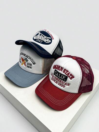 1 件男女通用春夏美式嘻哈刺绣字母棒球帽，透气网眼拼布卡车司机帽