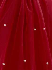 女婴短袖蝴蝶结薄纱酒红色优雅圣诞派对礼服，公主裙，适合一周岁生日派对、宴会、婚礼花童装 - 酒紅色 - 查看 6