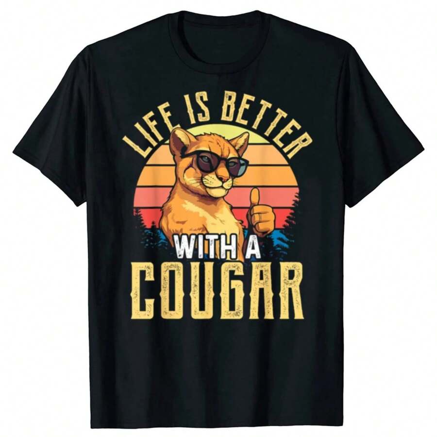 Life Is Better With A COUGAR  COUGARS T-Shirts Men Women's Fashion Casual Tshirt 100% Cotton Loose Oversized T Shirt - Black - View 1