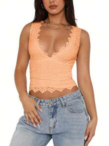 Women Tank Tops Lace Deep V-Neck Casual Vests Summer Fashion Sleeveless Tops Streetwear - 橘色 - 查看 2