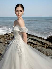 春季新款优雅露肩布里奇顿风格白色蕾丝贴花紧身胸衣网眼优雅新娘婚纱 - 白色 - 查看 7