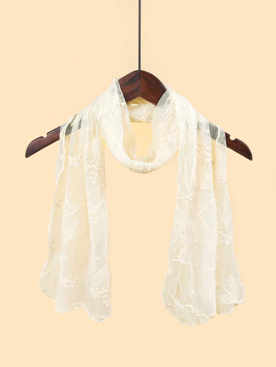 Elegant Minimalist Embroidered Floral Lace Scarf - White - View 1