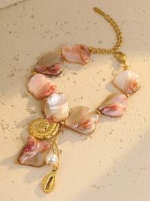 1 pieza Pulsera de acero inoxidable chapada en oro de 18K con concha y caparazón asimétricos, joyería de estilo oceánico de moda adecuada para mujer, uso diario, playa y como regalo
