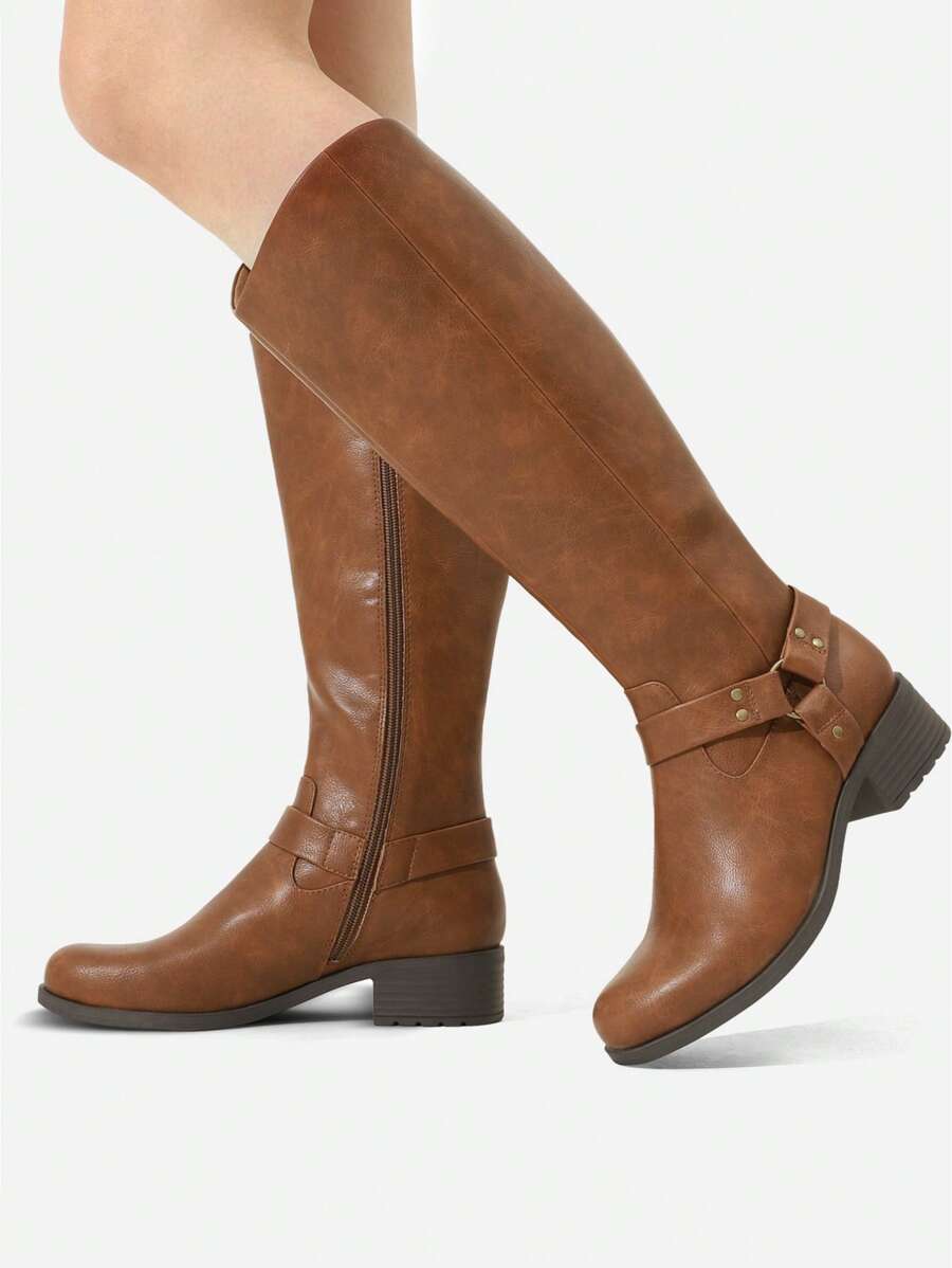 Women's Knee-High Boots, Comfortable Chunky Block Heel Pointed Toe Pull On Side Zipper Suede Slouch Riding Boots