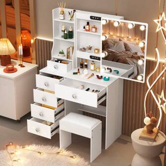 Juego de tocador con espejo iluminado estilo Ins, muebles de dormitorio modernos escandinavos, armario con cajones de almacenamiento de gran capacidad, tocador estilo princesa para niñas, hogar de lujo con luz blanca [en stock y entrega rápida]