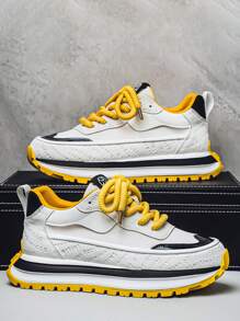 Men's Fashionable Lace Up Thick Sole Sports Sneakers, High Elasticity & Comfort, Anti-Slip Casual Shoes Suitable For Daily Wear And Outdoor Activities, Simple & Versatile, Mesh Design - Yellow - View 2