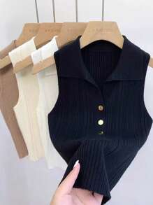 1 pieza Polo de punto sin mangas con cuello falso de ajuste corto para mujer con botones dorados, negro, blanco, albaricoque, rosa, morado
