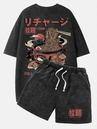 Set de 2 piezas con camiseta de manga corta con cordón y shorts casual para hombres, lavado vintage negro, estampado de ramen, camiseta con gráfico de anime, adecuado para uso diario en primavera/verano, regalo para fans del estilo callejero y del anime