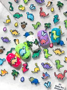 Pegatinas populares y lindas de dinosaurios de diferentes colores y variedades de dinosaurios de dibujos animados para decorar las uñas en el salón de belleza