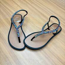 Art Griffe Round Toe Flat Sandal With Rhinestones, Easy To Wear, Elastic, Luxury, Rhinestones, Glitter, Shine - Rượu đen/Whiskey - Xem 3