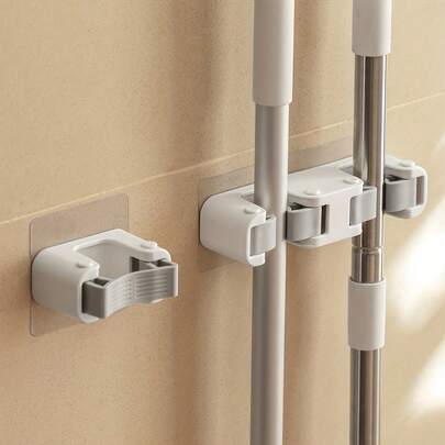 1pc No Drilling Wall Mounted Bathroom Storage Holder, Damage-Free Hook For Mop, Household Utility