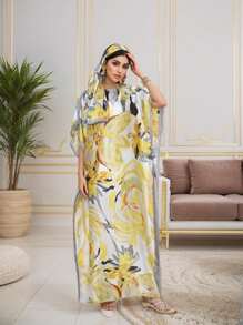 1pc Women Floral Printed Faux Silk Long Scarf With Hijab, Loose Plus Size Shawl For Homewear, Suitable For Summer & Autumn, Indoors And Air-Conditioned Rooms, Abaya Hijab, Modest Kaftan