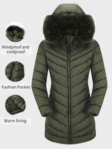 Giolshon Women's Puffer Jacket With Fluffy Hooded Collar, Down Coat For Autumn/Winter - Green - View 1