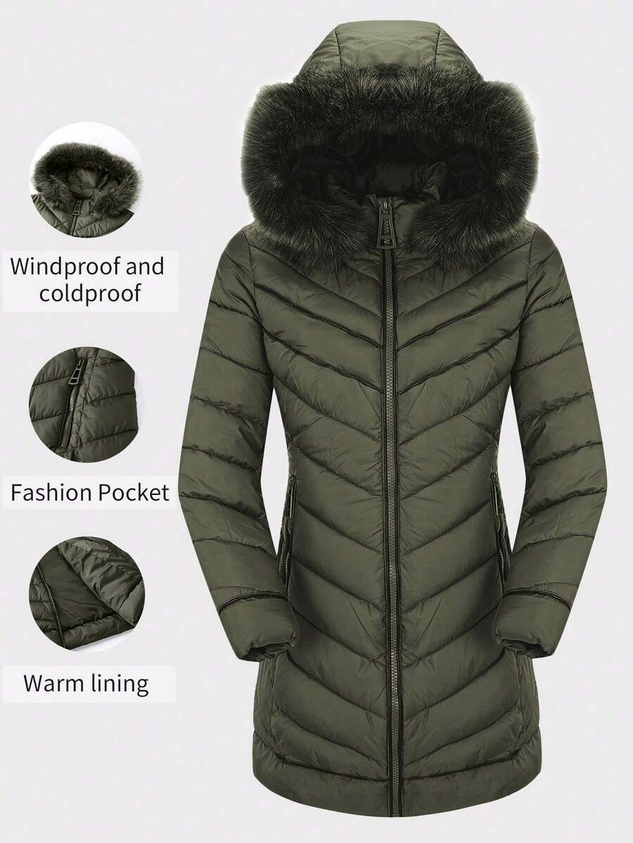 Giolshon Women's Puffer Jacket With Fluffy Hooded Collar, Down Coat For Autumn/Winter - Green - View 1
