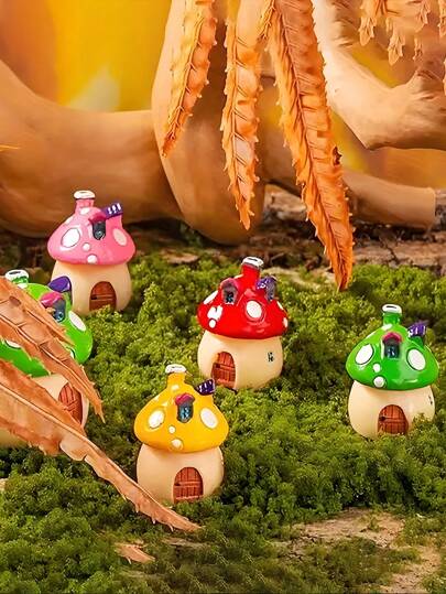 4pcs-Mini Cottage Mushroom Room Fairy Garden Accessories, Moss Miniature Landscape Small Decoration, Fairy Garden Decoration, Spirit Garden House Decoration, Family Miniature Landscape Decoration, Micro Landscape Props Shooting Props, Flower POTS, Home Decoration, Car Decoration