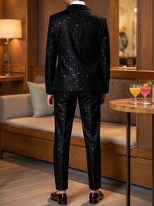 2 件男士闪亮星空黑色西装套装、夹克和裤子，适合商务、婚礼、派对、宴会、正式场合