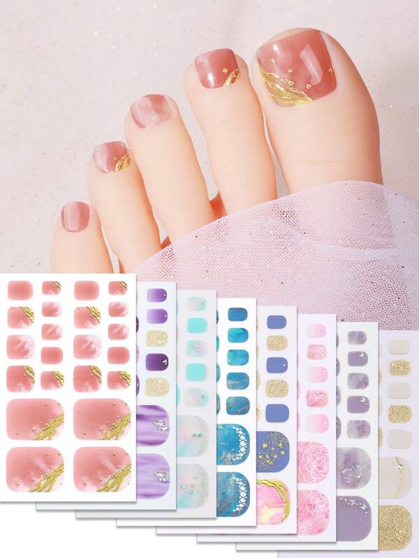 22pcs Toe Full Wrap Nail Stickers, Spring And Summer 3D Bling Bronzing Flower Self-Adhesive Nail Polish Strips, Nail Art Supplies For Women DIY Nail Stickers