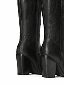 Women's Embroidered Western Cowboy Boots - Chunky Heel Pointed Toe Pull-On Knee High Cowgirl Boots With Zipper