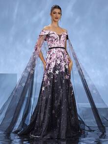 DELLA COUTURE 梦幻粉色碎花紧身修身晚礼服，飘逸薄纱设计，彰显高贵气质，腰部珠饰，优雅浪漫，拖地长裙，适合派对、晚宴、婚礼等正式场合，女士夏装 - 粉色 - 查看 9