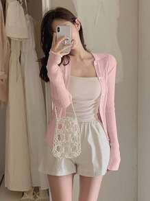Delicate & Romantic Light Pink Spring/Summer Cardigan For Women, Thin Notched Collar Long Sleeve Button Up Knit Outerwear