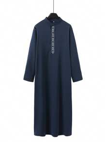 Men's Elegant Arabian Kaftan With Embroidered Geometric Patterns - Long Sleeve Stand Collar Traditional Islamic Robe For Ramadan And Cultural Celebrations, Cultural Attire | Elegant Thobe | Embroidered Detailing